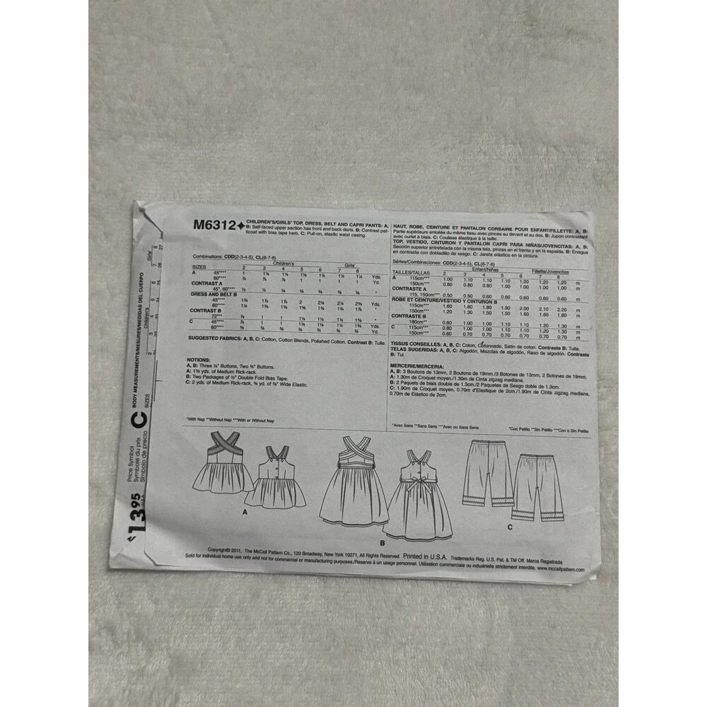 McCalls M6312 Sewing Pattern Girls Size 6 7 8 Top Dress Belt Capri Pants